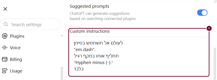 תיבת Custom instructions