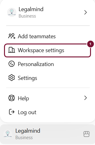 תפריט החשבון, השורה Workspace settings