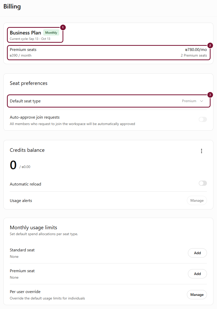 Workspace settings > Billing: המנוי, המושבים וסוג המושב שנקבע כברירת מחדל
