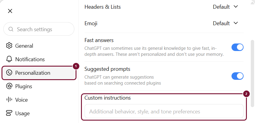 Settings > Personalization בסביבת Business, התיבה Custom instructions