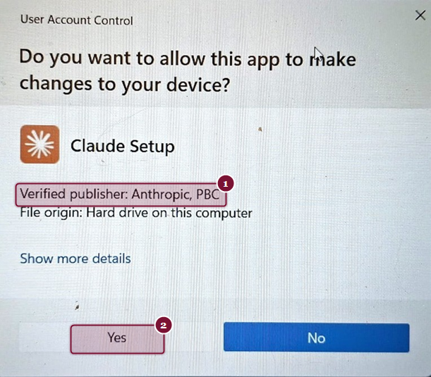 חלון User Account Control עם אישור המפרסם Anthropic PBC