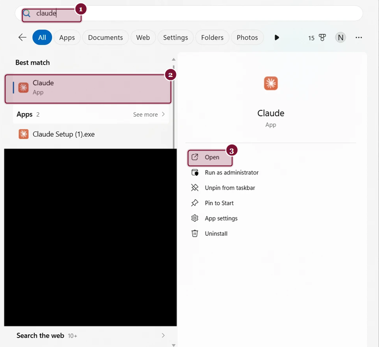 חיפוש Claude בתפריט Start של Windows