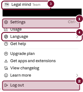 תפריט החשבון עם Settings ו-Log out