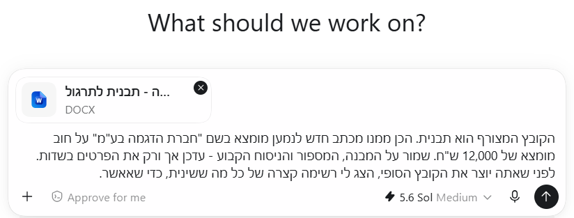 שיחת Work חדשה עם קובץ התבנית מצורף והבקשה מוכנה לשליחה.