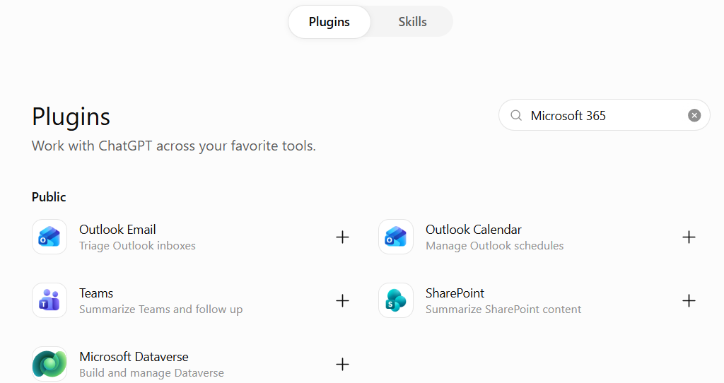 ספריית ה-Plugins עם חיפוש Microsoft 365, ובה חמשת הפלאגינים של Microsoft.
