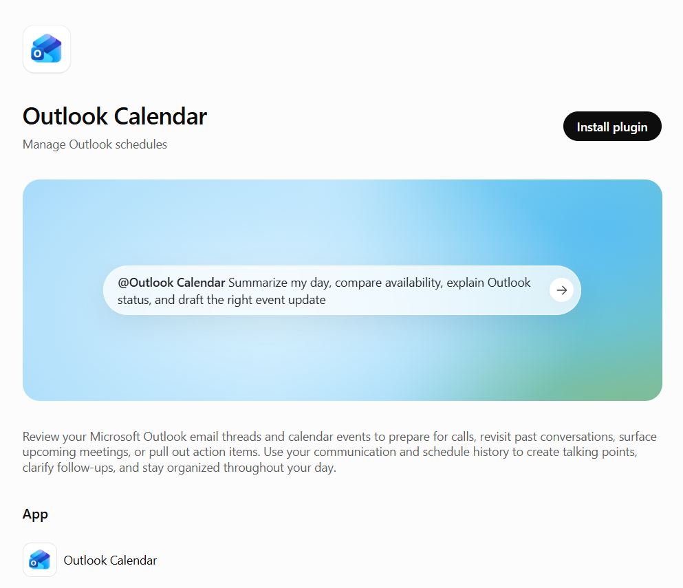 דף הפלאגין Outlook Calendar, ובו תיאור היכולות והכפתור Install plugin.