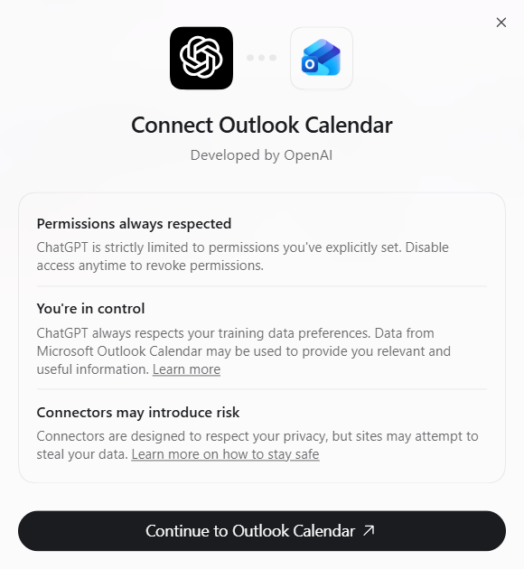 מסך ההיכרות של ChatGPT לפני חיבור Outlook Calendar.