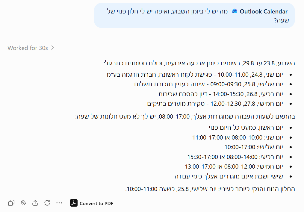התשובה מהיומן: ארבעת האירועים של השבוע, החלונות הפנויים בכל יום, וההמלצה.