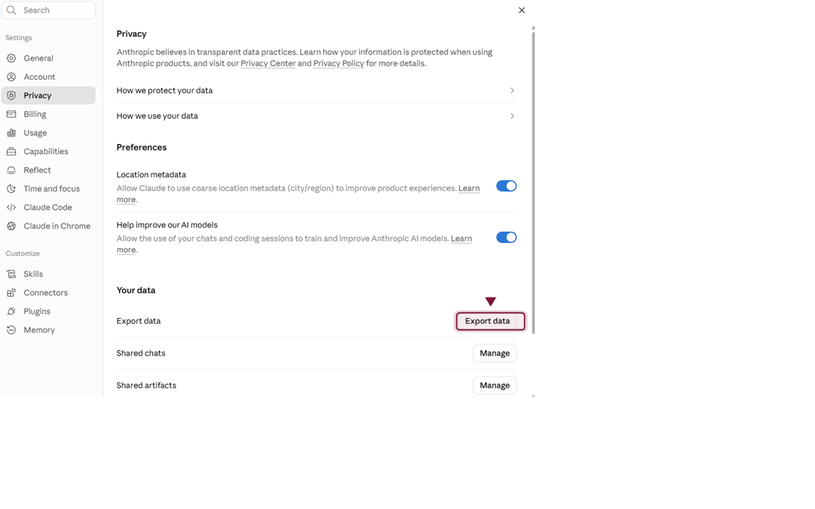 Settings > Privacy > Export data