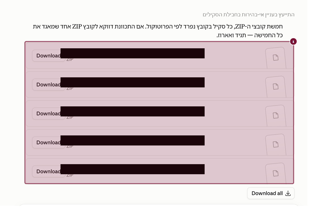 רשימת קובצי Restore ZIP שנוצרו להורדה