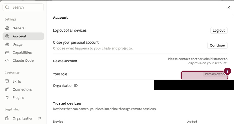 Settings > Account - שורת Your role