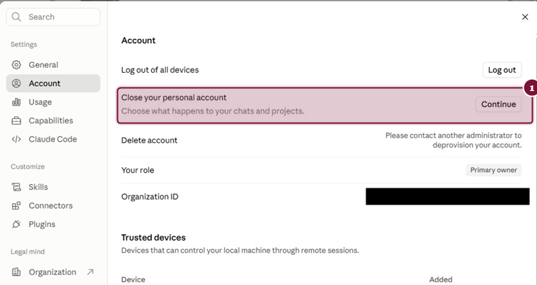 Settings > Account - שורת Close your personal account