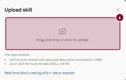 חלון Upload skill עם אזור גרירת קובץ