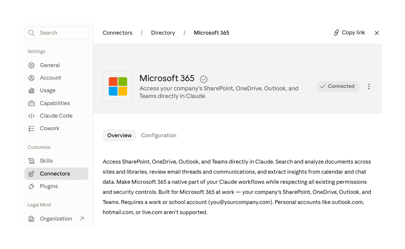חיבור אחד שכולל את היומן, המייל, OneDrive, SharePoint ו-Teams